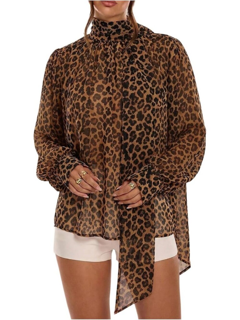 Sheer Chiffon Long Sleeve Blouse with Scarf Detail - Stylish Women's Top